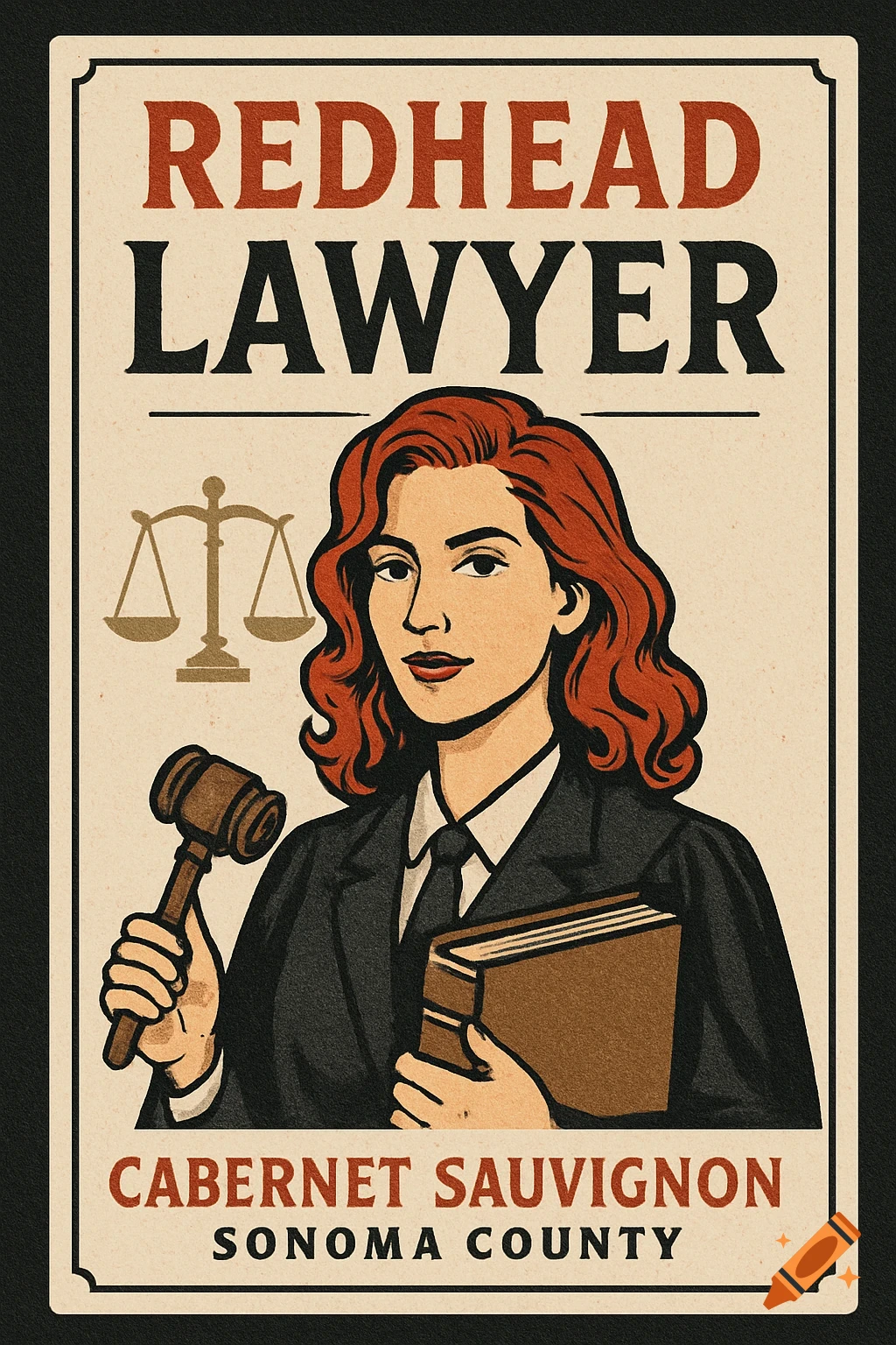 Vintage style illustration of a red-haired lawyer on a wine label, holding a gavel and book. Text reads 'REDHEAD LAWYER CABERNET SAUVIGNON'.