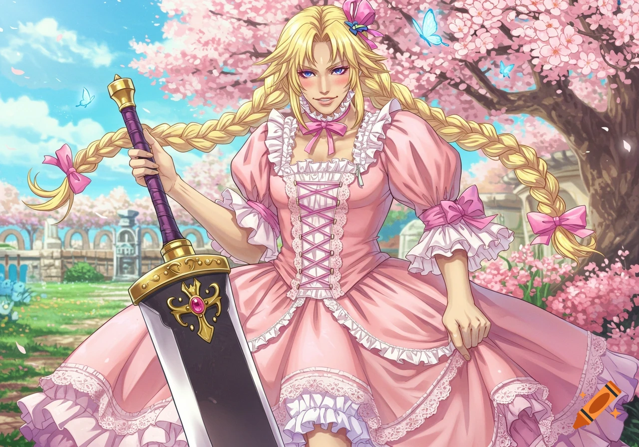 Anime-style character with blonde braids in a pink frilly dress, holding a large sword under cherry blossoms.