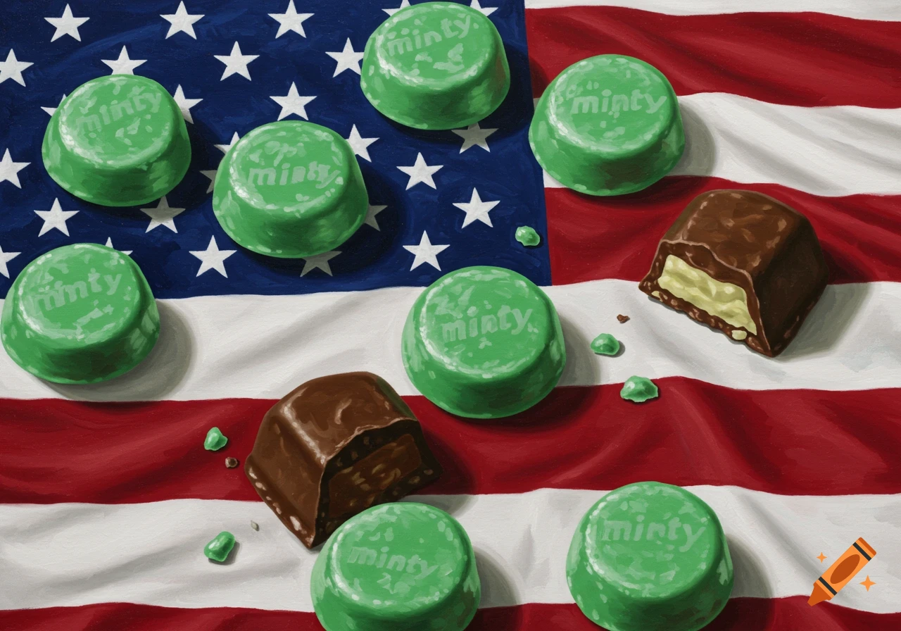 Green mint candies and chocolate on a waving American flag, rendered in a digital painting style.