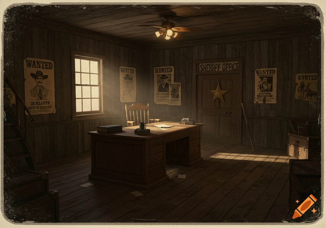 An empty, dimly lit old Western sheriff's office with a wooden desk, a window letting in sunlight, and 'wanted' posters on the walls.