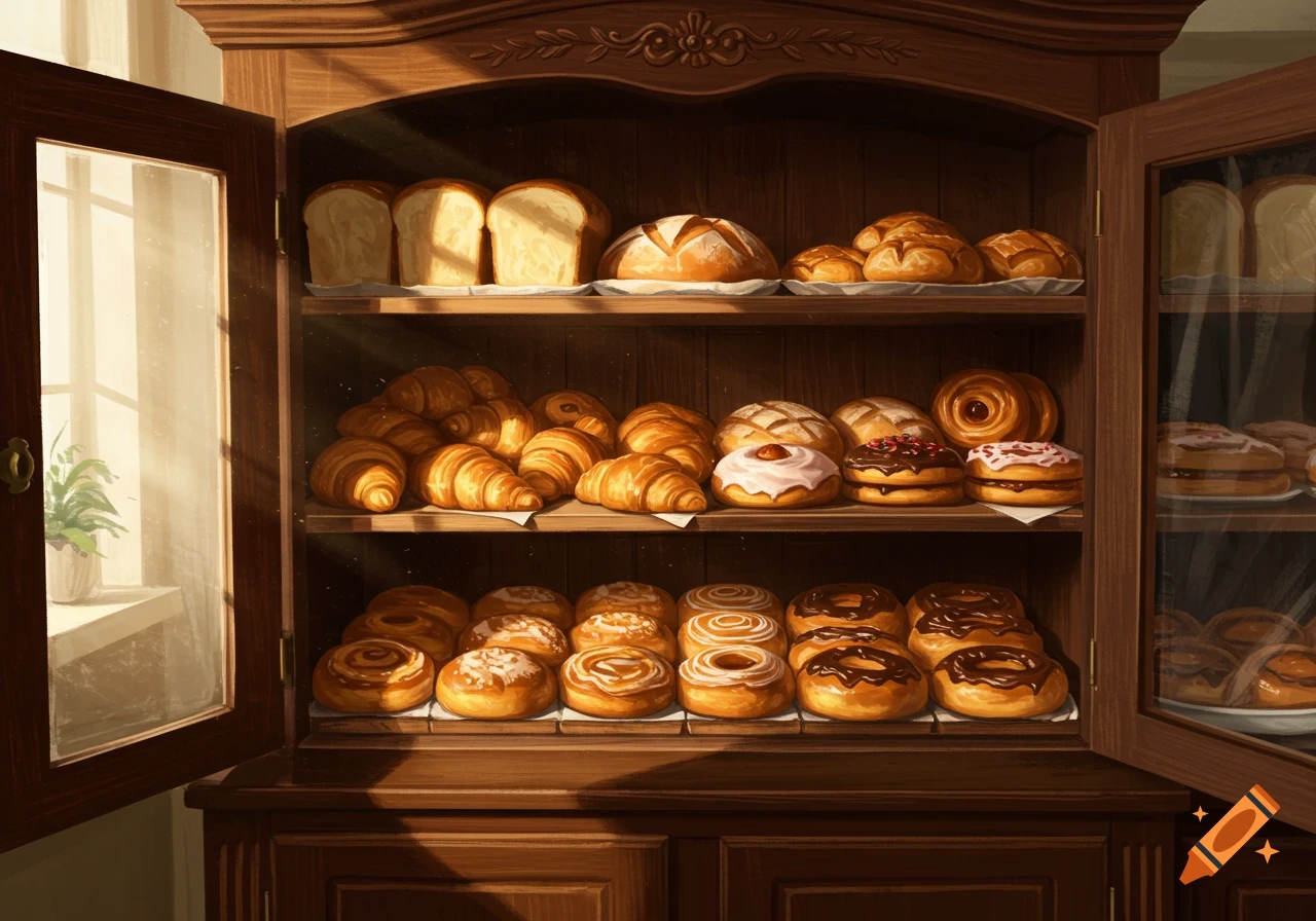 A wooden bakery cabinet filled with various baked goods including loaves of bread, croissants, donuts, and cinnamon rolls, lit by sunlight.