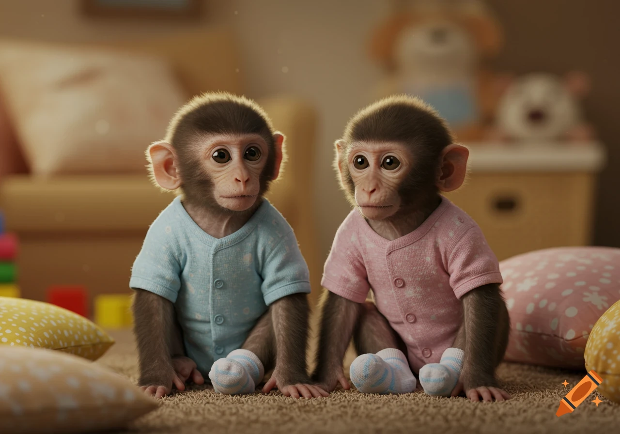 Two hyper-realistic baby monkeys, one in blue, one in pink onesies, sitting on a carpet in a cozy room.