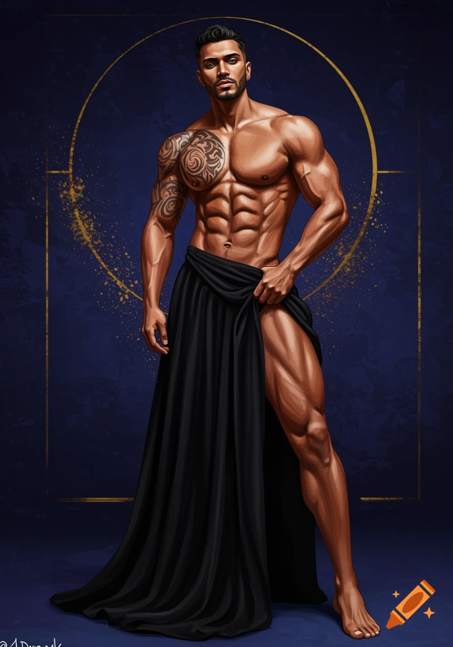 Illustrated muscular man with tattoos and a black drape, standing against a dark blue and gold background.