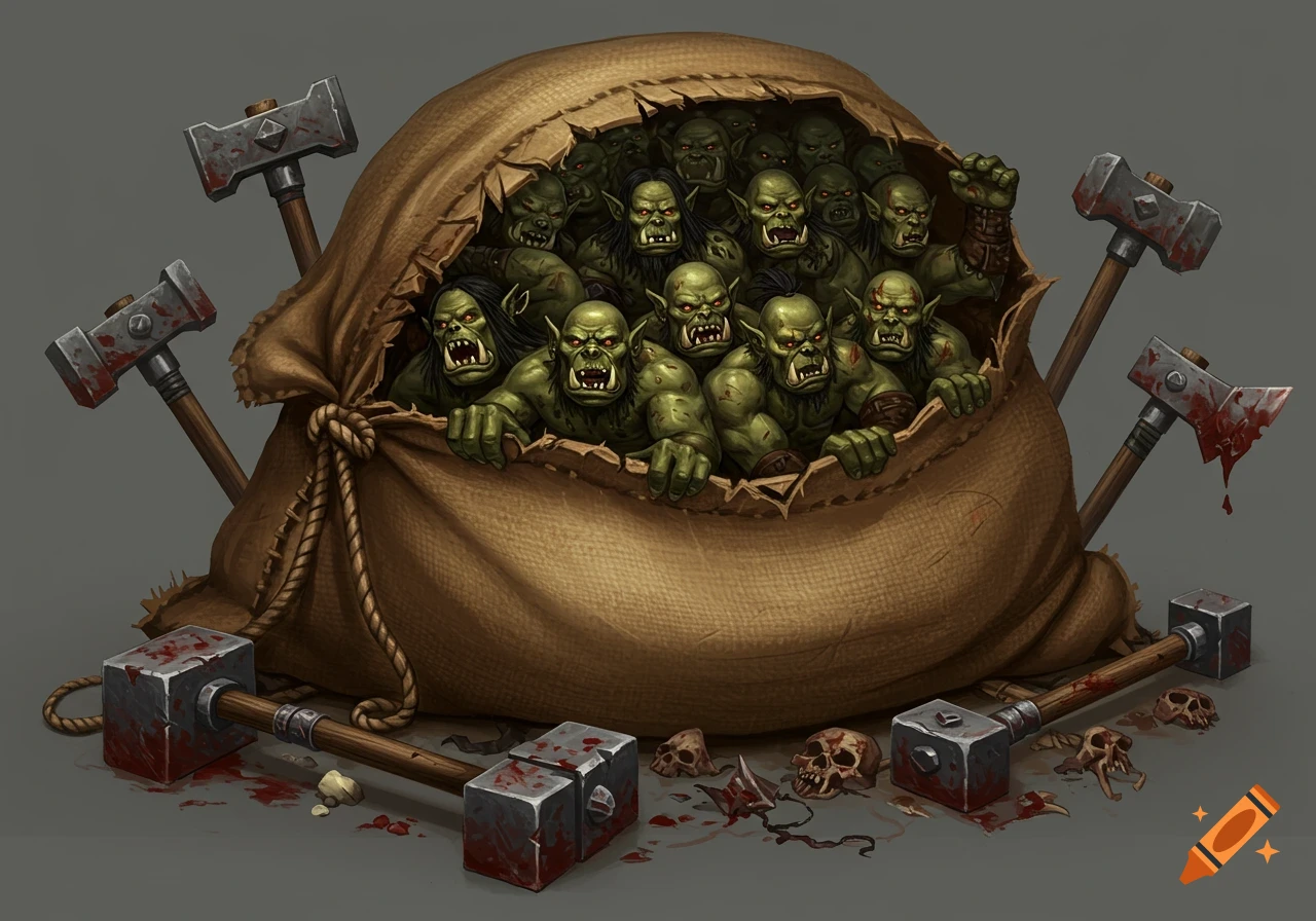 A large sack overflowing with green-skinned orcs, surrounded by bloody war hammers, axes, and scattered skulls.