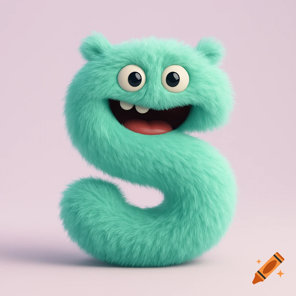 A cute, fluffy mint-colored monster in the shape of the letter S with a joyful expression, against a pastel background.