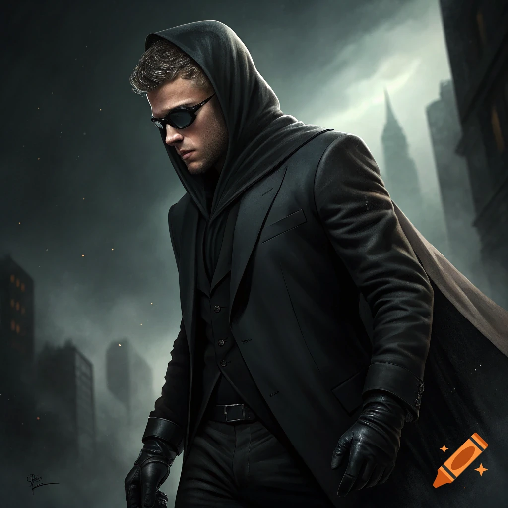 A man dressed in a black hooded coat, sunglasses, and leather gloves stands in a dark, moody urban environment.