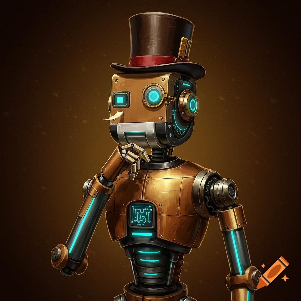 A bronze steampunk robot with glowing blue accents wears a top hat and monocle, looking thoughtful.