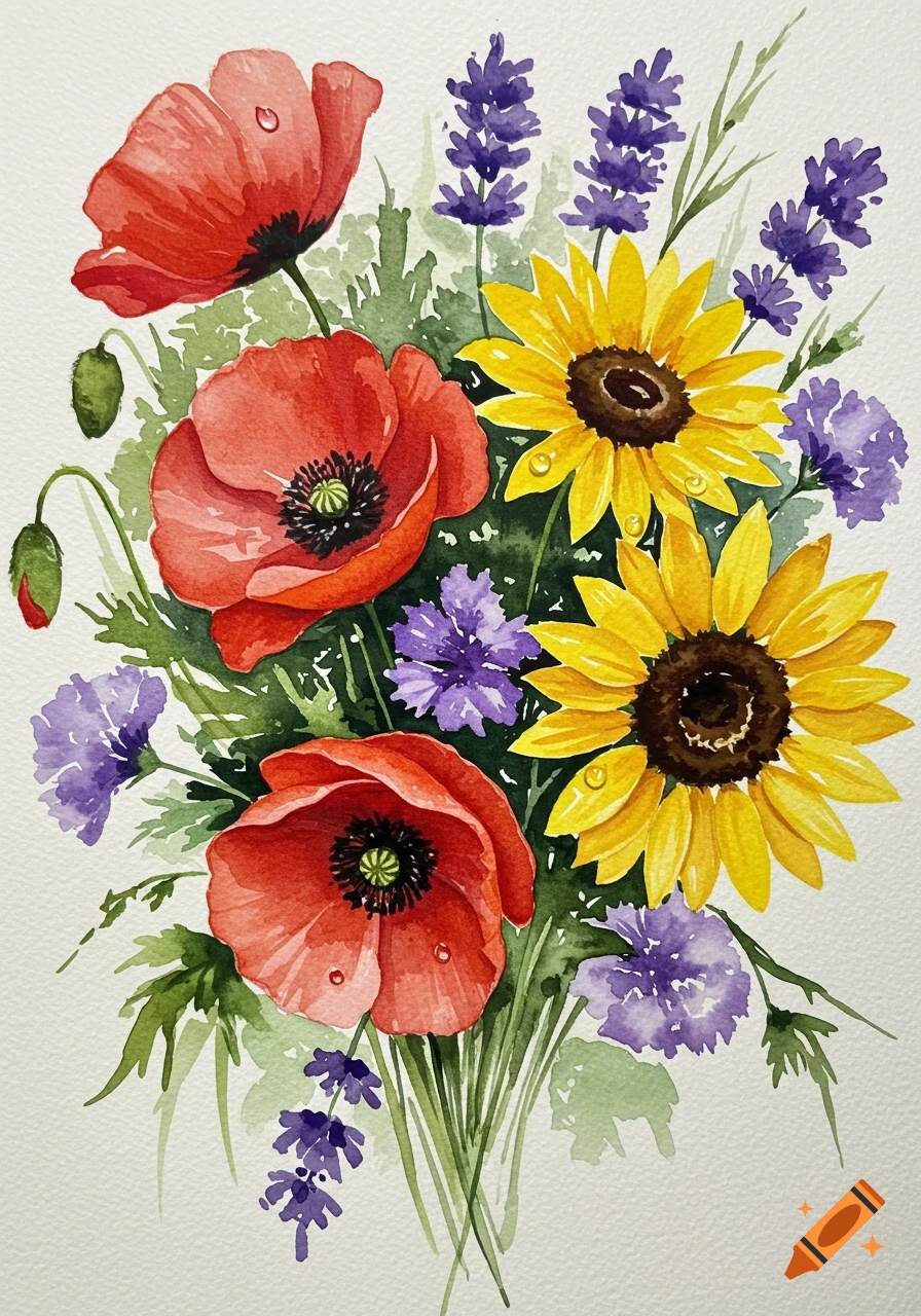 A vibrant watercolor painting of red poppies, yellow sunflowers, and purple lavender in a bouquet.