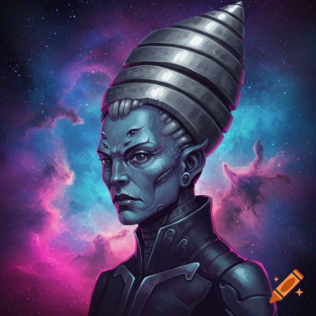 A blue-skinned alien character with multiple eyes and a metallic, segmented cone-shaped headdress, set against a vibrant nebula background.
