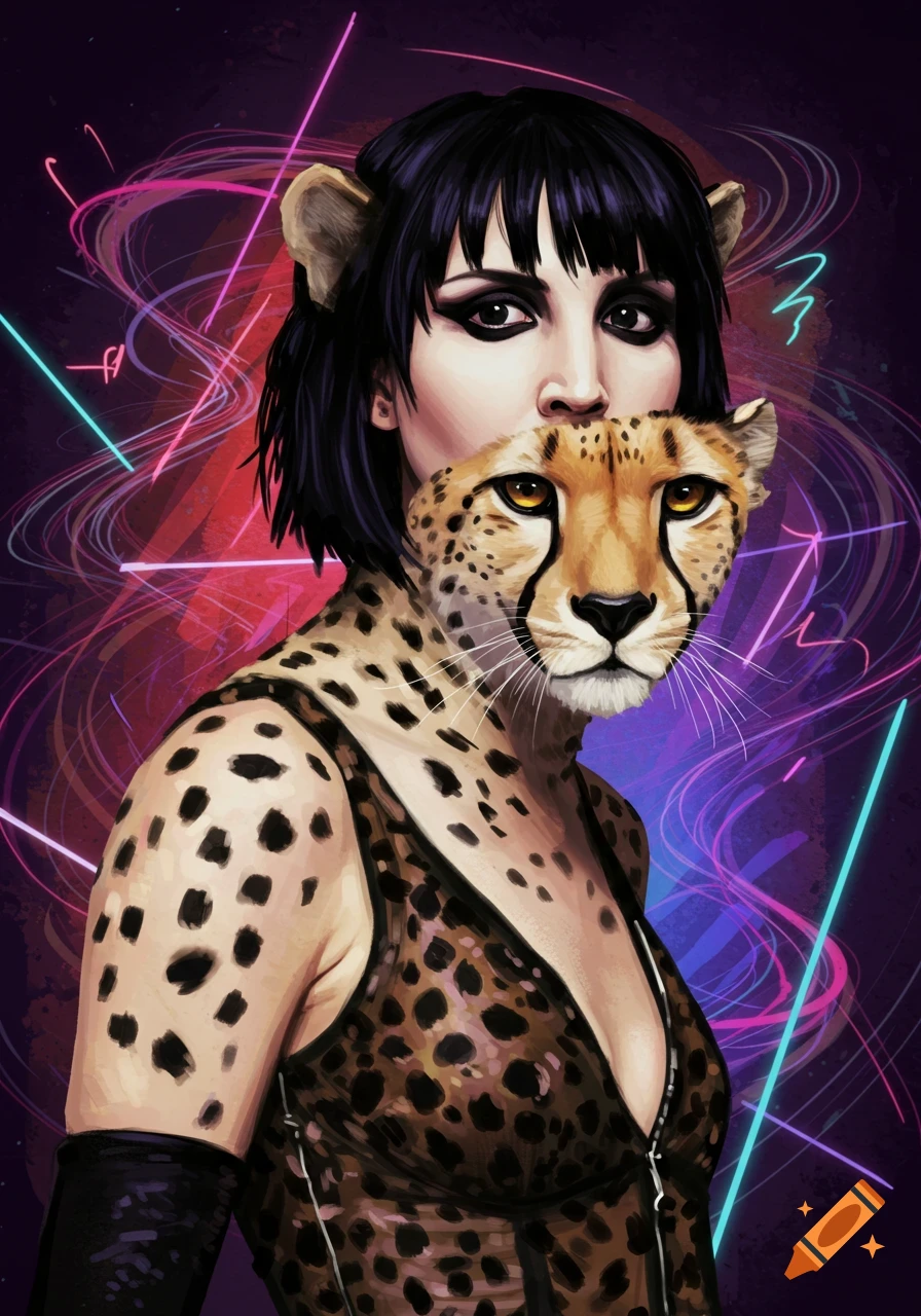 Digital art portrait of a woman with cheetah ears and face, wearing a cheetah print top against a neon abstract background.