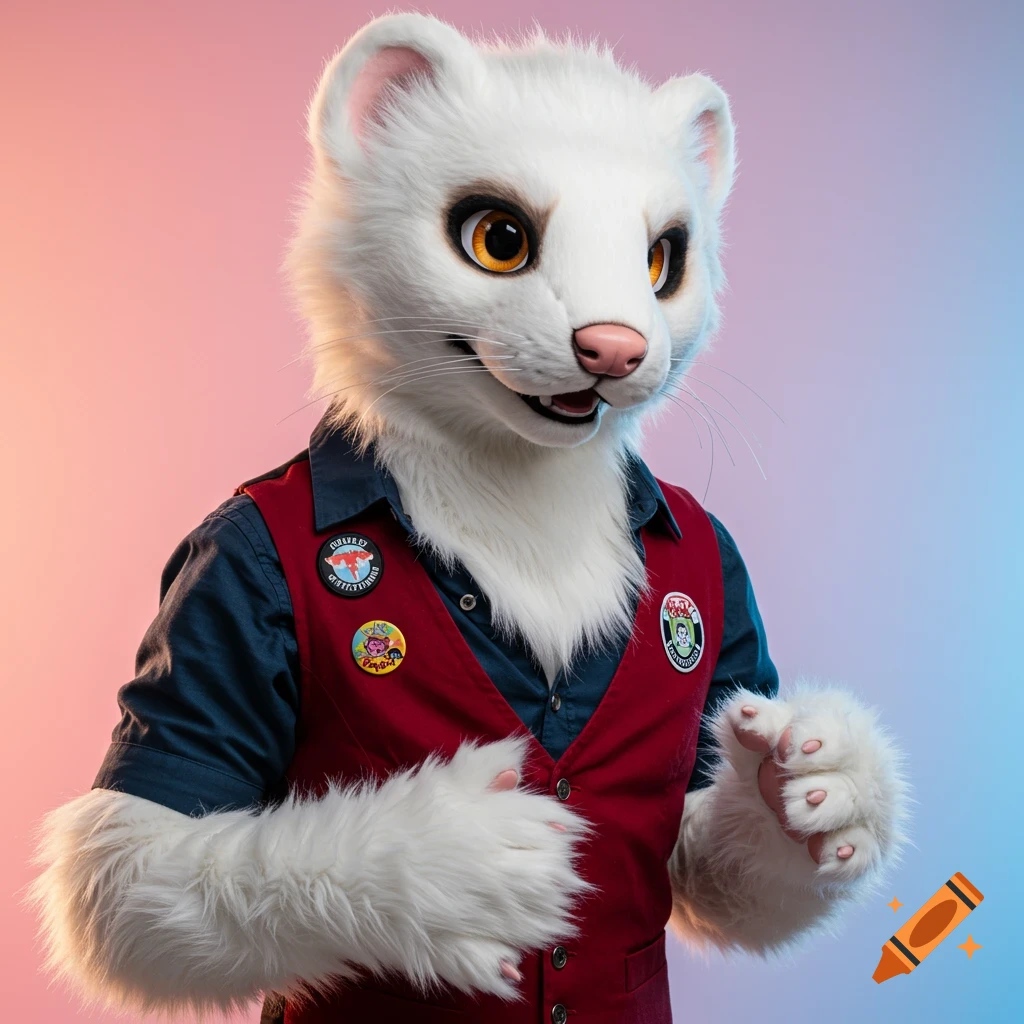A photorealistic white ferret fursuit wearing a red vest and blue shirt against a pink and blue gradient background.