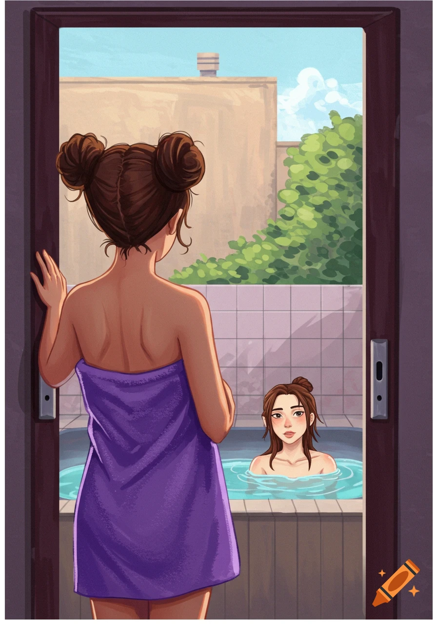An illustration of a young woman in a purple bath towel watching her friend in a hot tub from a doorway.