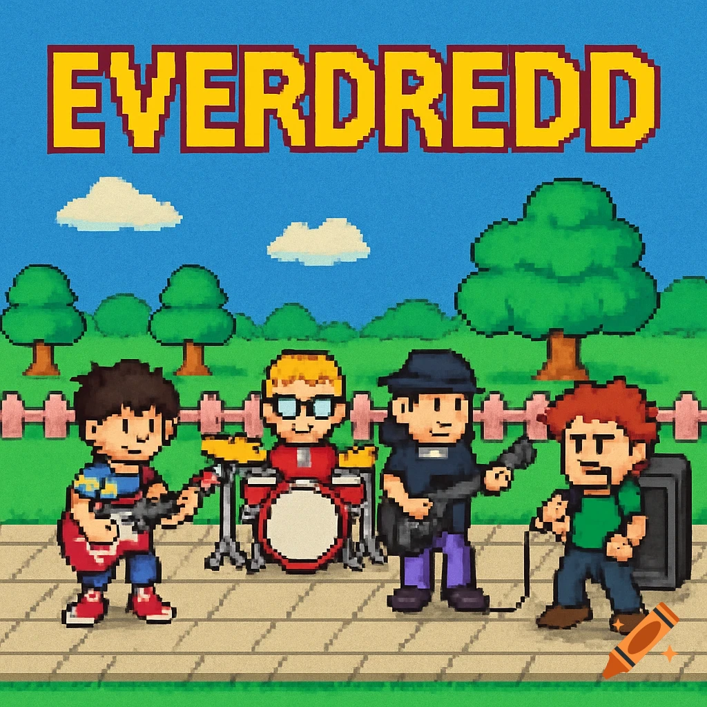 A pixel art band playing instruments in a park, with the name "EVERDREDD" written above them in a retro video game style.