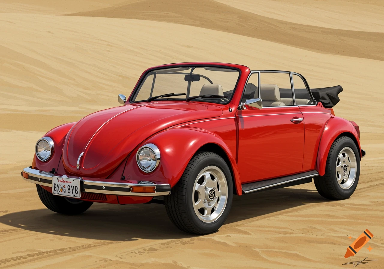 A shiny red Volkswagen Beetle convertible parked on a vast sandy desert, with detailed reflections and realistic lighting.