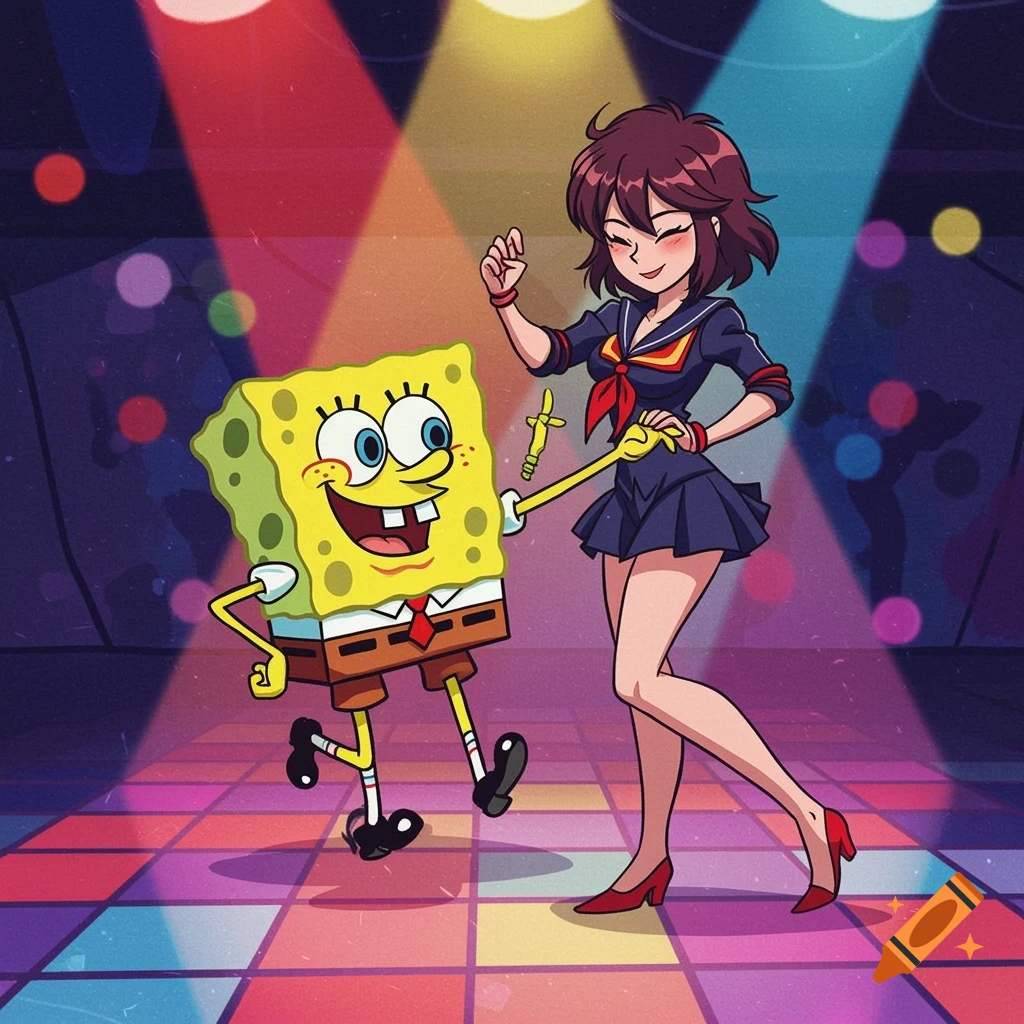 SpongeBob and Ryuko Matoi dancing and smiling on a colorful disco dance floor in a cartoon style.