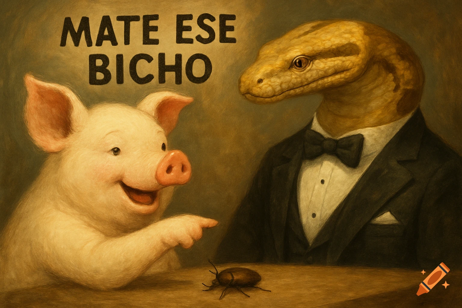 A smiling pig points at a beetle on a table, while a snake in a tuxedo looks on. Text above reads 'MATE ESE BICHO'. Painted style.