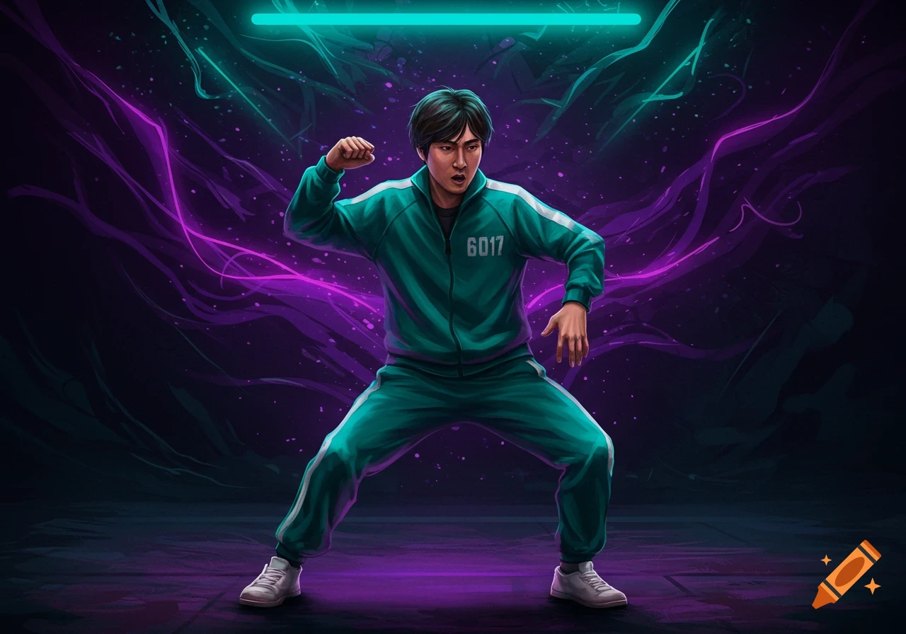 A man in a teal tracksuit with number 6017 in a dynamic dance pose, surrounded by vibrant purple and teal glowing lines.