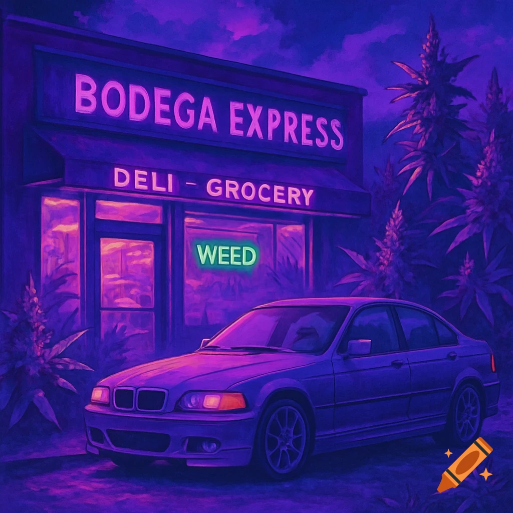 A purple-hued illustration of a BMW E46 parked in front of a Bodega Express, with cannabis plants nearby and a 'WEED' neon sign.