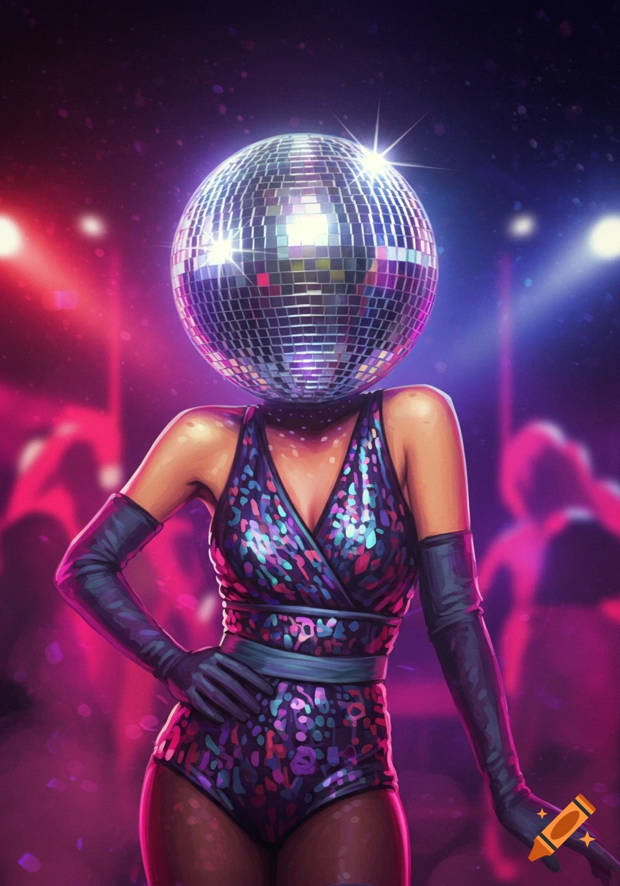 Digital art of a woman with a shimmering disco ball for a head, wearing a sparkly bodysuit and gloves in a vibrant party setting.