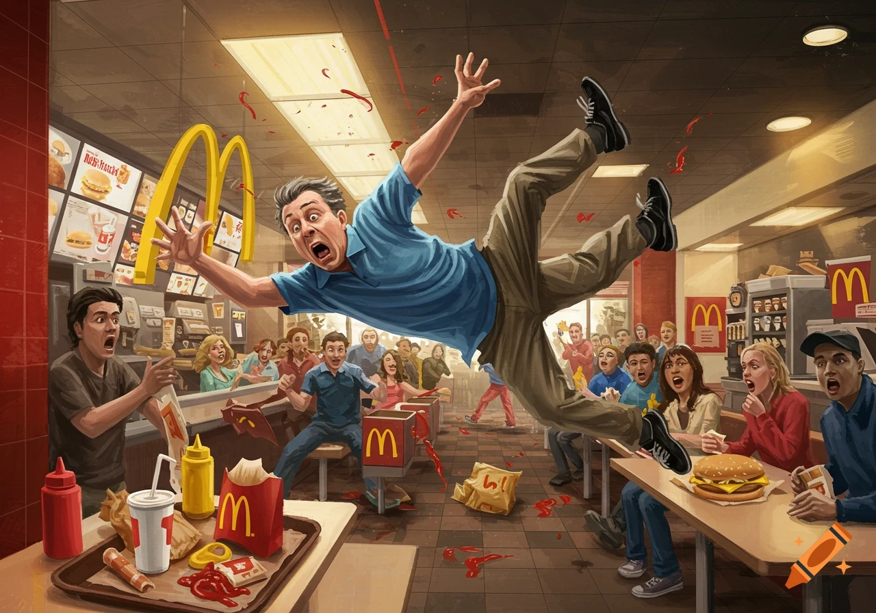 A man dramatically falls backward in a busy McDonald's restaurant, as customers react in shock and spilled ketchup splatters the floor.