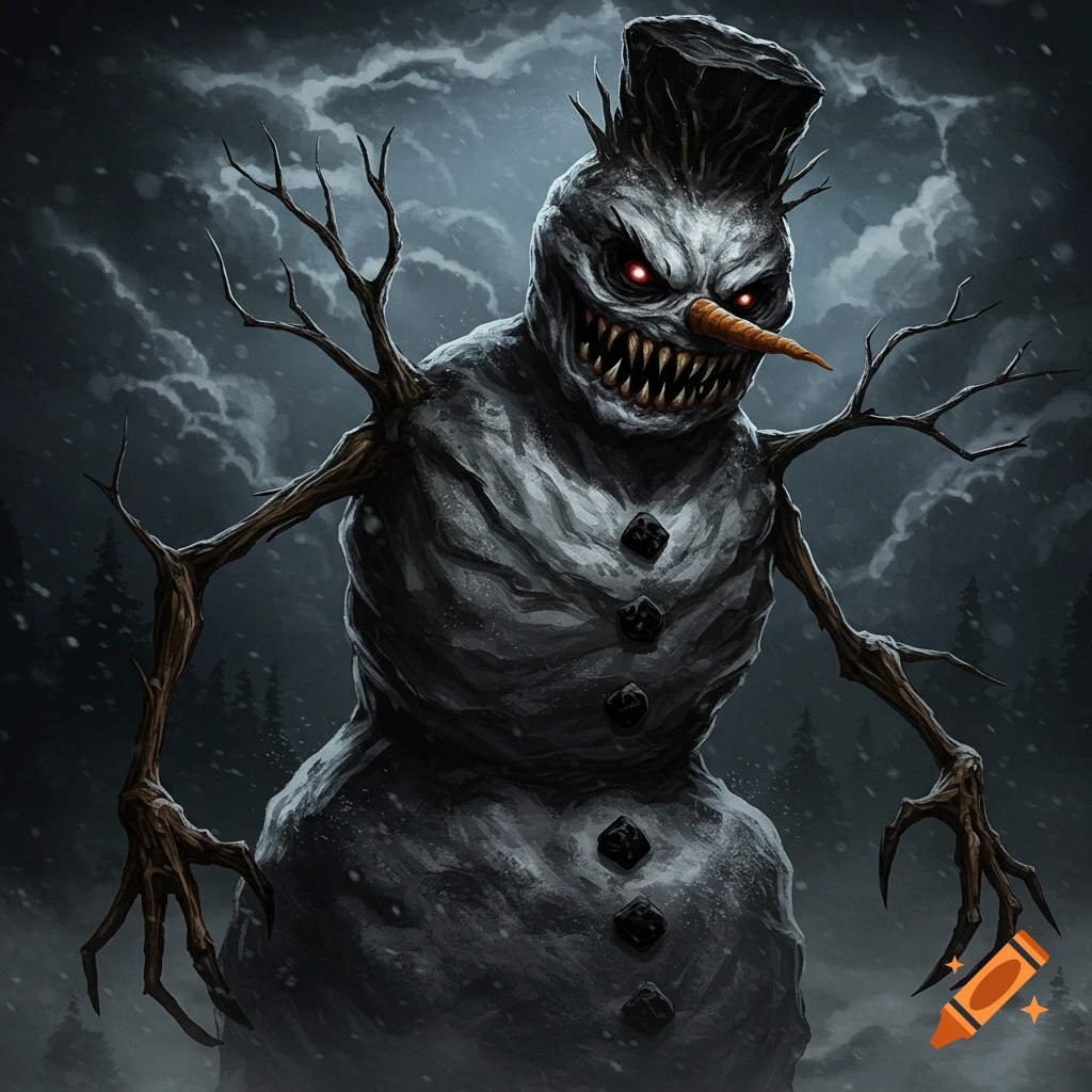 A monstrous evil snowman with glowing red eyes and jagged teeth stands in a dark, snowy forest at night.