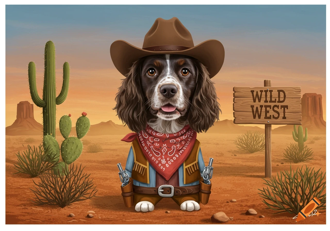 A cartoon Boykin Spaniel dog dressed as a cowboy with a hat, vest, and bandana, standing in a desert with cacti and a "Wild West" sign.