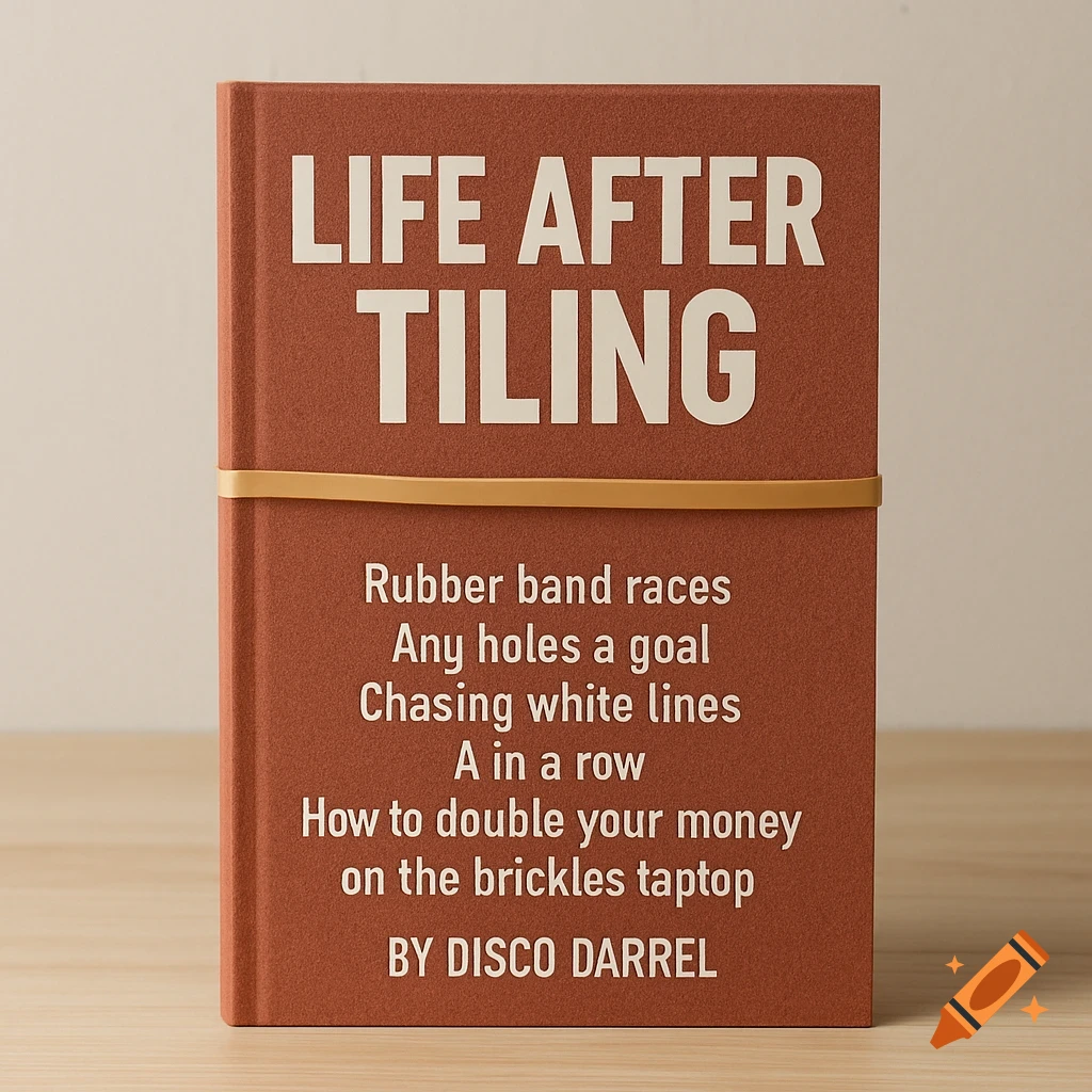 A close-up, eye-level photo of a rust-colored book titled "LIFE AFTER TILING" with several lines of text below and a rubber band wrapped around it.