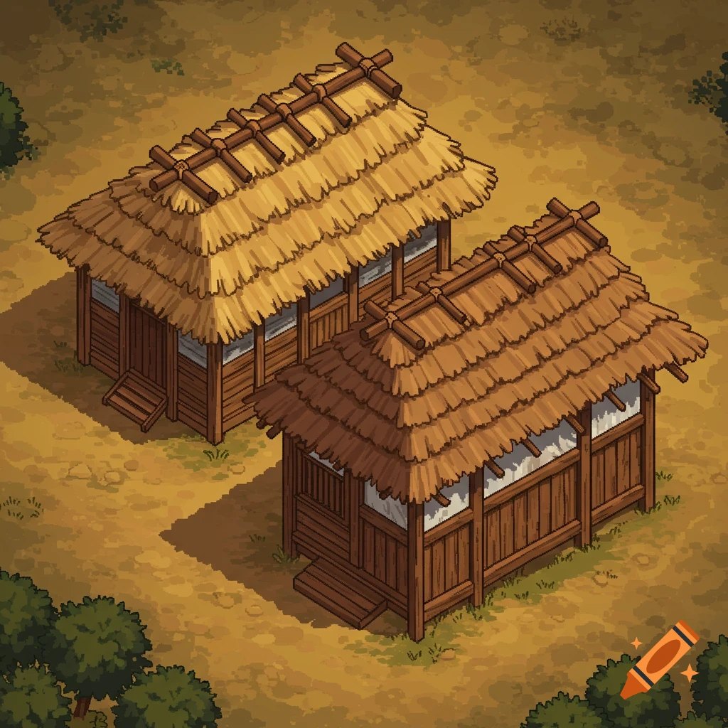 Two isometric pixel art feudal Japanese houses with detailed thatched roofs on an earthy ground.