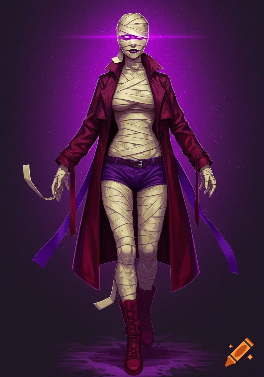 A female mummy character with glowing purple eyes, wrapped in bandages, wearing a red trench coat, purple shorts, and red boots in a digital art style.