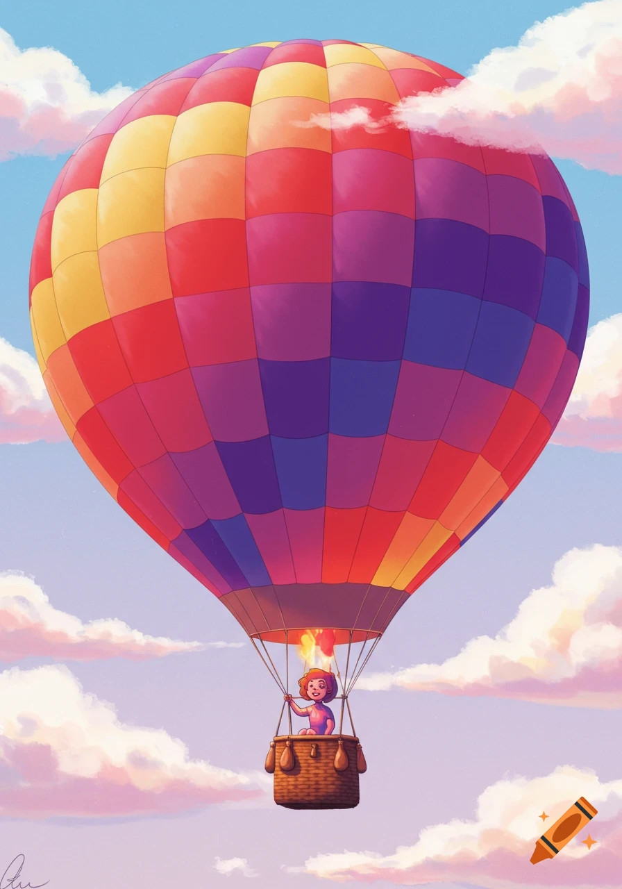 A colorful hot air balloon with a happy child in the basket floats among soft clouds in a bright blue sky.