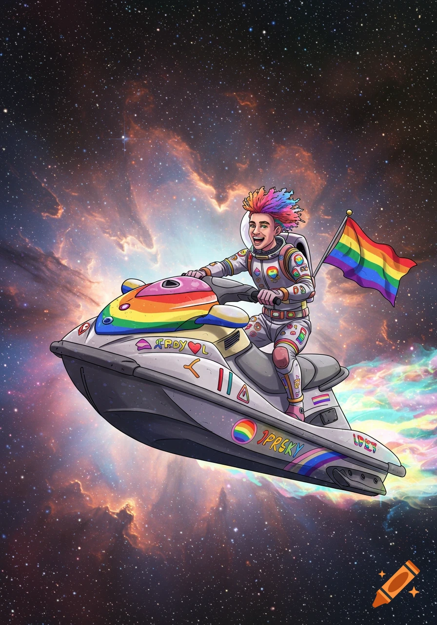 Cartoon astronaut with rainbow hair rides a rainbow jet ski through space, holding a rainbow flag.