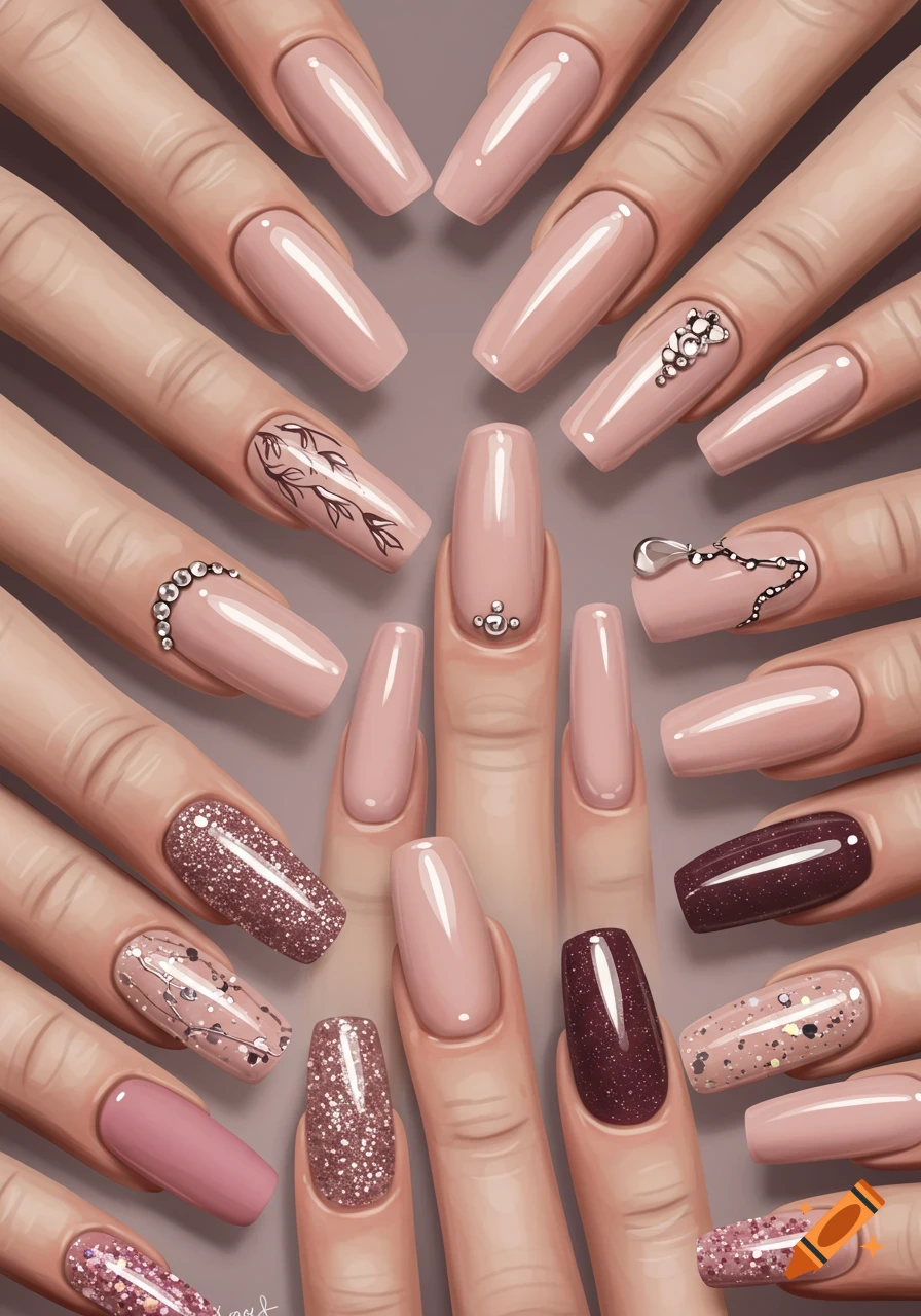 Overhead view of multiple hands with various manicured nails, including glitter, patterned, and jeweled designs.