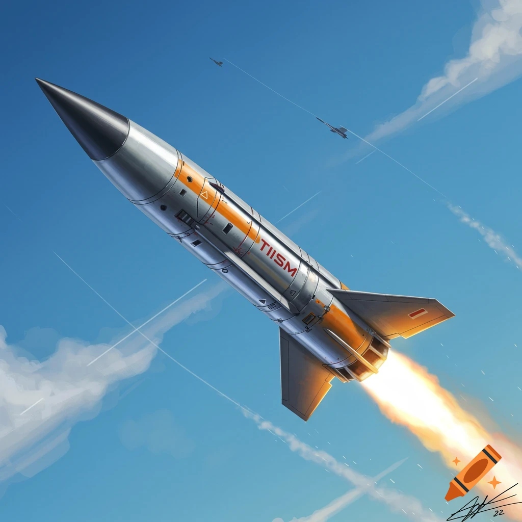 A large silver missile with orange stripes and 'TIISM' text flies upwards, leaving a fiery trail, with two small jets in the blue sky.