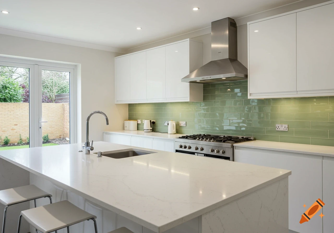Bright modern kitchen with white cabinets, a large island with a sink, a stainless steel stove, and a sage green subway tile backsplash.