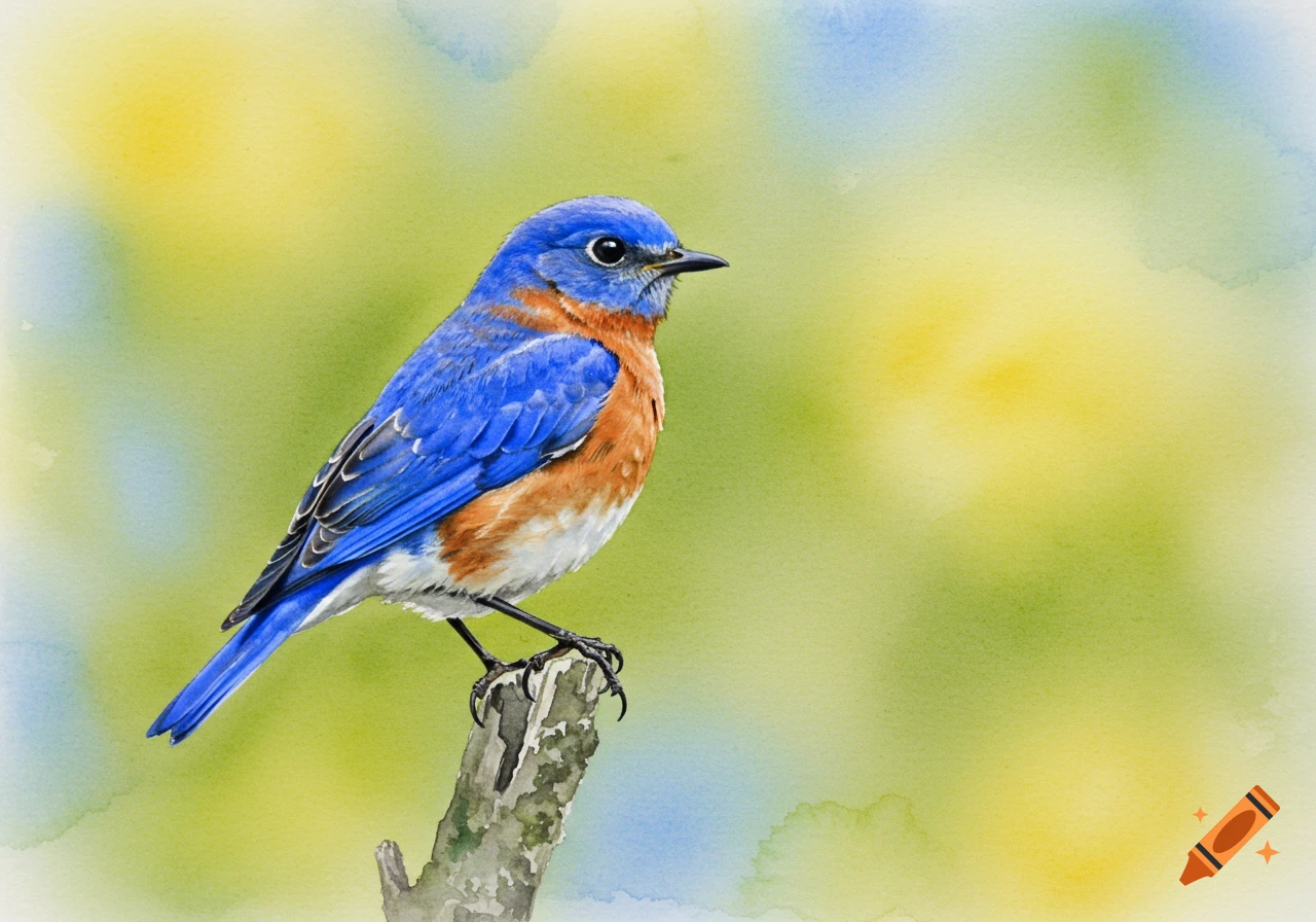 A watercolor painting of a bluebird standing on a tree branch with a blurred background of yellows, greens, and blues.