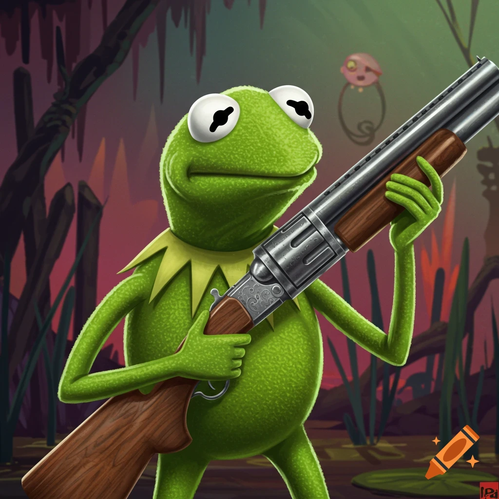 Kermit the Frog holding a double-barreled shotgun in a dark swamp.