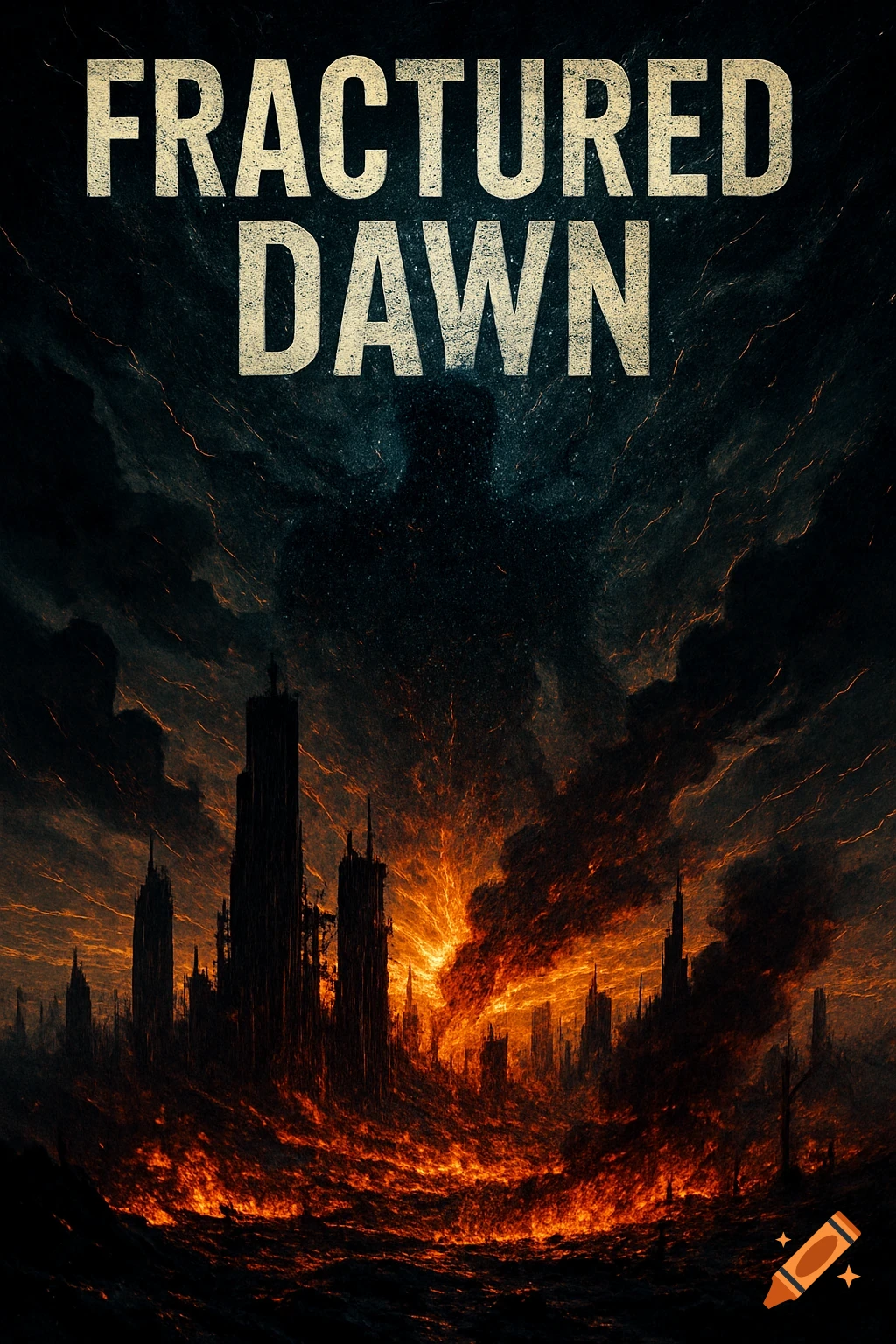 A devastated futuristic cityscape engulfed in fire and smoke under a dark, fractured sky with text 'FRACTURED DAWN' above. Illustrative style.