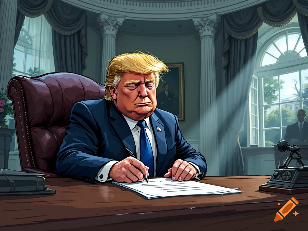Cartoonish Donald Trump in an office, sitting at a desk and signing a document.