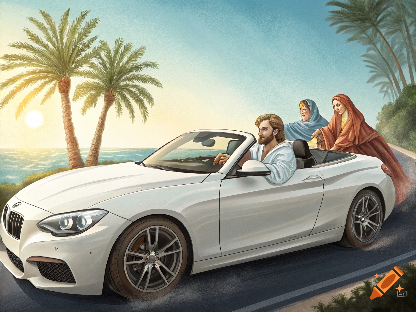 An illustration of Jesus driving a white modern convertible on a coastal road, with the Virgin Mary and Judas as passengers, under a sunny sky with palm trees and the ocean in the background.