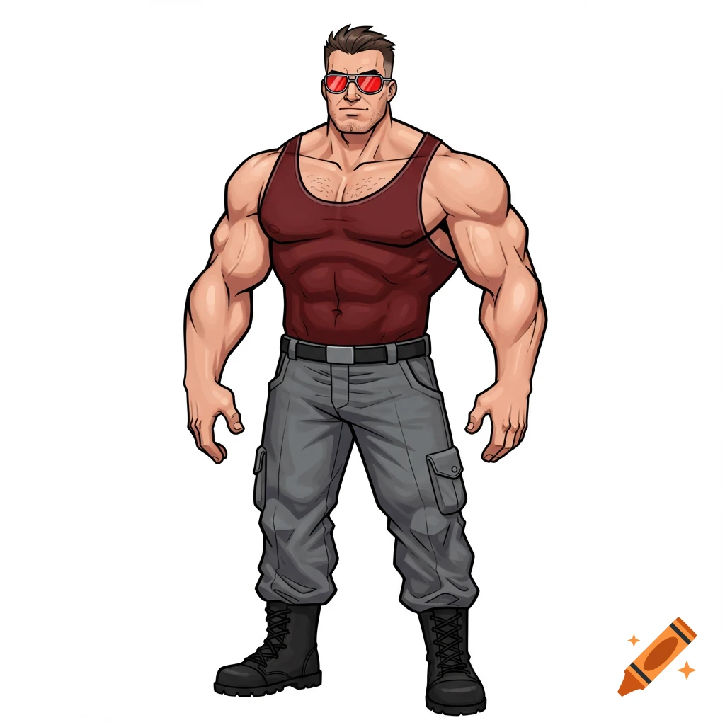 A muscular male cartoon character with red sunglasses, a red tank top, and gray cargo pants stands on a white background.