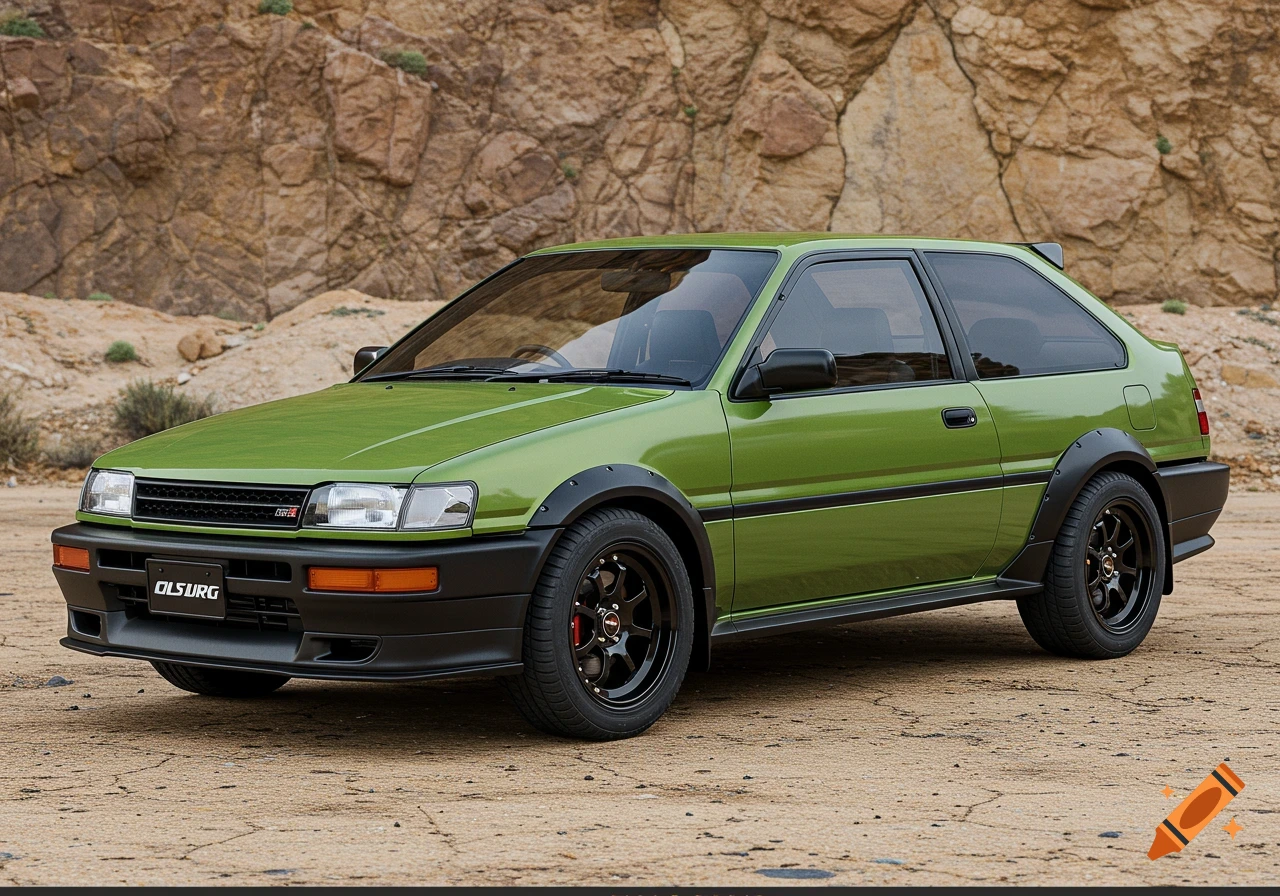 A vibrant olive green two-door car with black fender flares and black wheels is parked on a dirt road in front of a rocky hillside.