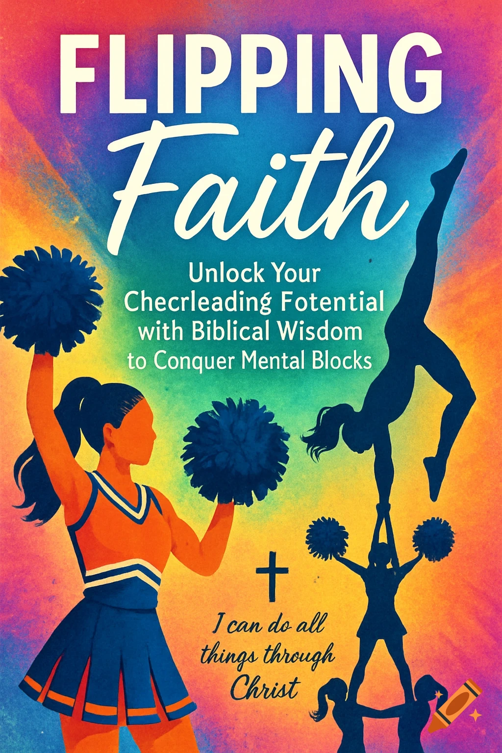 A vibrant journal cover illustration featuring cheerleaders, pom-poms, a cross, and text about faith and potential.