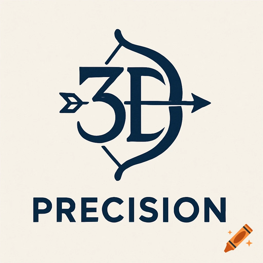 A dark blue logo featuring a stylized '3D' where the 'D' forms a bow and the '3' an arrow, with 'PRECISION' text below it, on a light cream background.