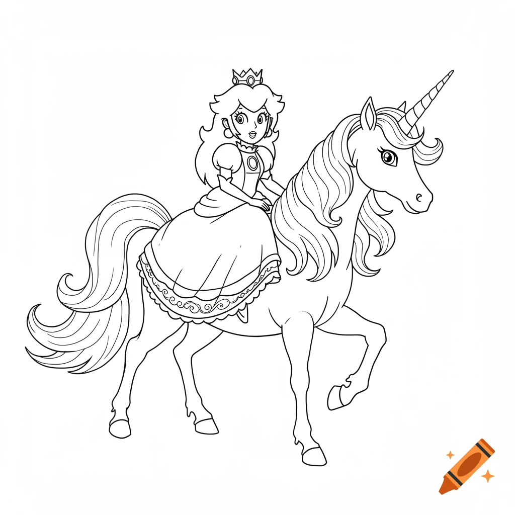 Princess Peach riding a unicorn, depicted as black and white line art for a coloring page.