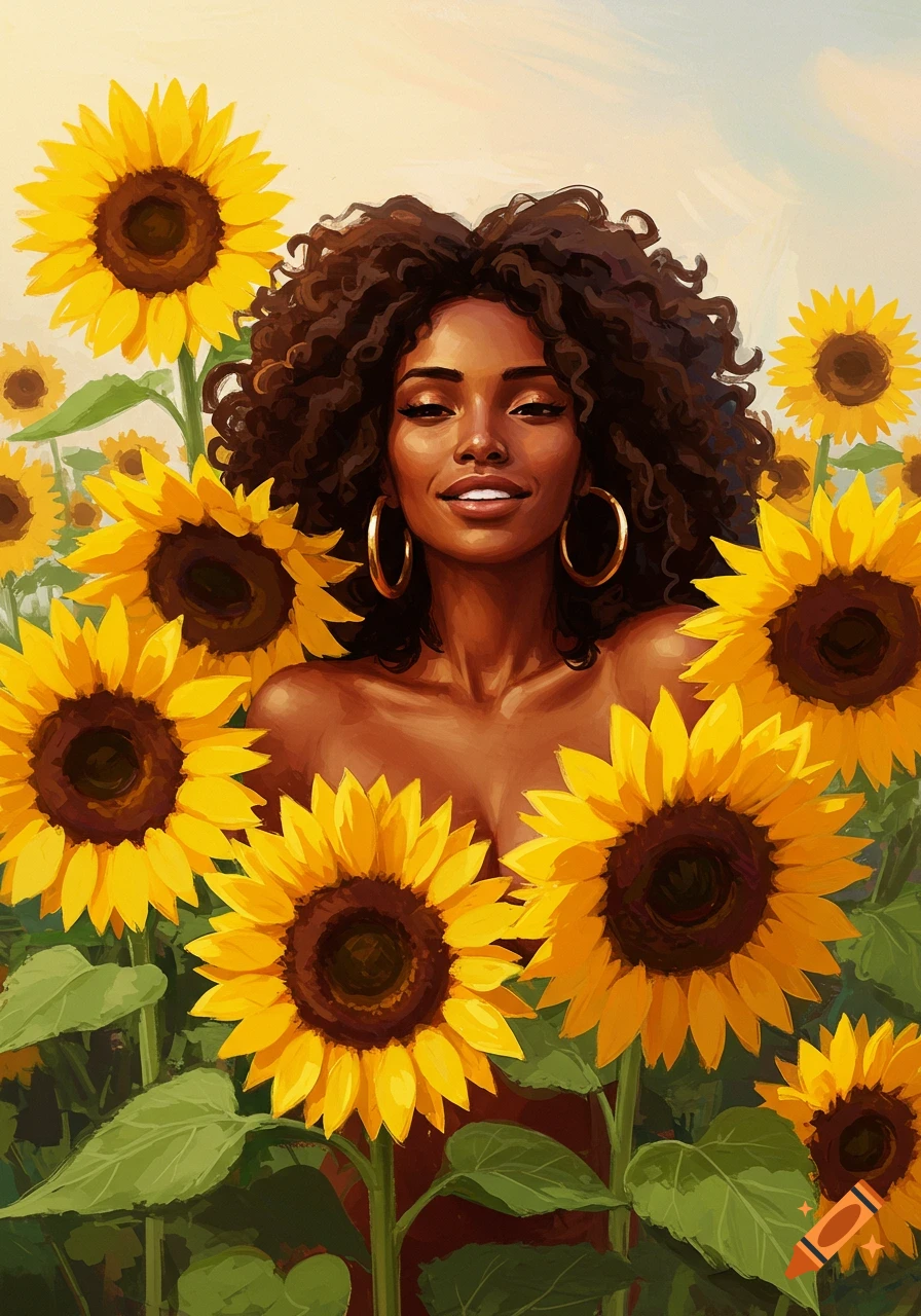 A smiling Black woman with curly hair stands in a field of yellow ...