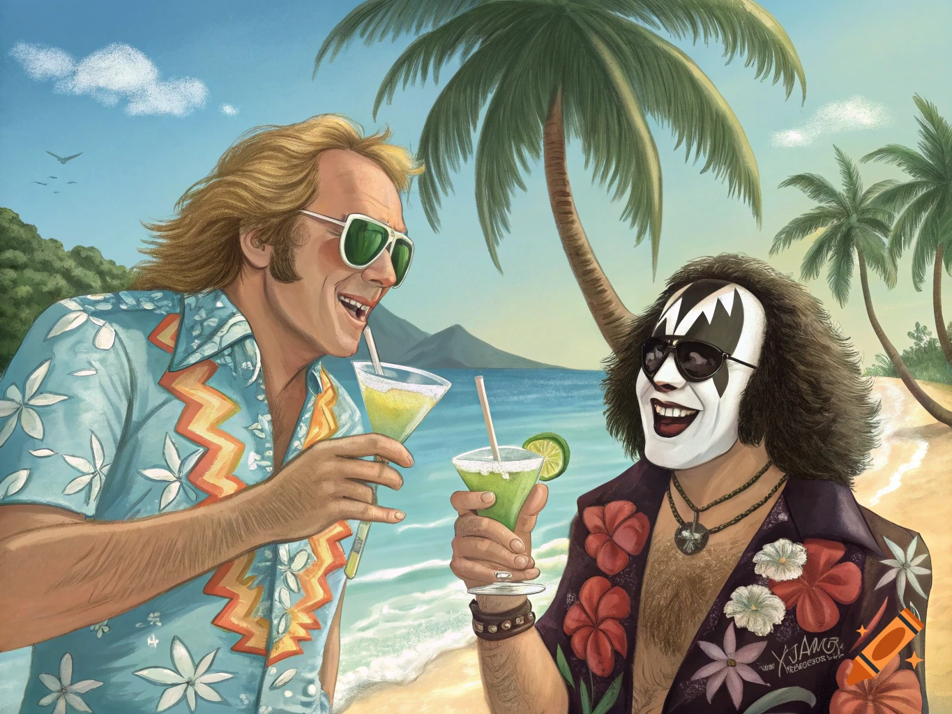 Jimmy Buffett and Gene Simmons in KISS makeup smiling and drinking margaritas on a tropical beach with palm trees in an illustrative style.
