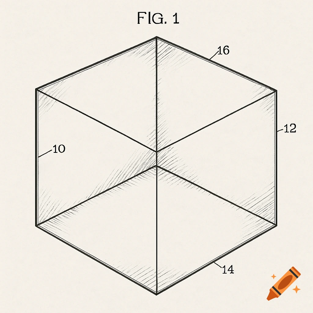A patent-style line drawing of an empty cube, labeled 'FIG. 1' and with numbers 10, 12, 14, 16.