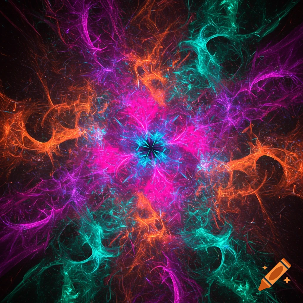 A vibrant abstract fractal kaleidoscope pattern in pink, orange, teal, and blue on a dark background.