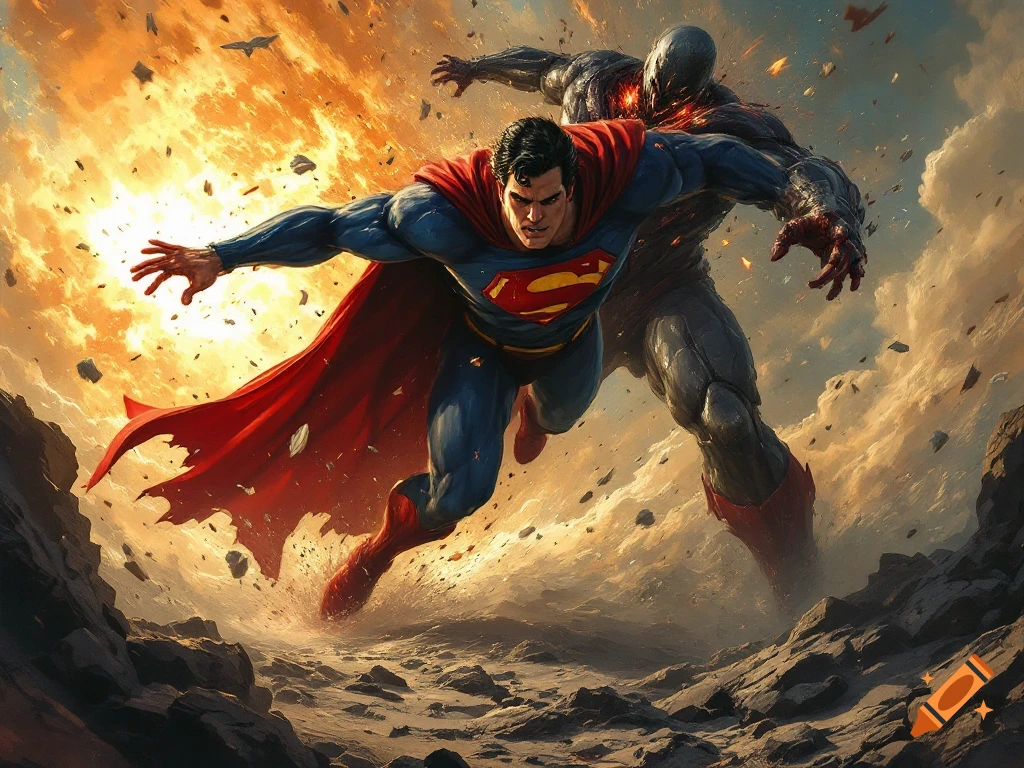 Superman battles Doomsday in a chaotic, fiery landscape filled with debris, in a dynamic comic book art style.