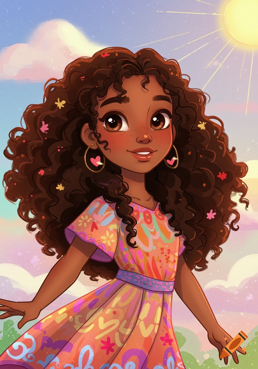 An animated illustration of a smiling girl with dark curly hair and a colorful dress, standing under a sunny sky.